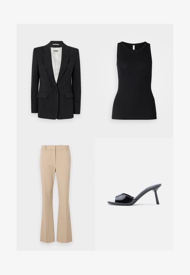 DRYKORN ATLIN - Blazer - black; Débardeur noir sans manches en tissu côtelé, avec un col rond et une coupe ajustée, à la texture douce et sans motifs.; Pantalons beiges ajustés avec une coupe droite, présentant un devant plat, des passants de ceinture et une texture lisse. Pas de poches ni de motifs visibles.; Sandales à talons ouverts en cuir verni noir, avec un design supérieur incurvé et un talon aiguille effilé. Finition lisse et brillante.