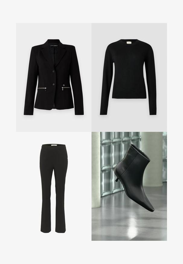 Zwarte op maat gemaakte blazer met een enkele knoopsluiting, zilveren ritszakken en een strakke uitstraling. Gemaakt van een gladde, stevige stof.; Zwarte gebreide trui met ronde hals, lange mouwen en een slanke pasvorm, met een gladde textuur en minimale details.; Zwarte op maat gemaakte broek met een slim fit, klokvormige onderkant, platte voorkant en geen zichtbare zakken. Gemaakt van een gladde stof met minimale naden.; Zwarte leren enkellaars met spits toelopende neus en lage kittenhak, schuin weergegeven tegen een gepolijste vloer en een glazen blokken muur als achtergrond.