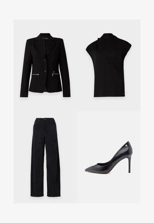 Blazer negro ajustado con cierre de un solo botón, bolsillos con cremallera plateados y un diseño elegante. Fabricado con una tela suave y resistente.; Top negro de cuello alto con mangas tipo farol, que presenta un diseño asimétrico y una larga corbata al cuello. Hecho de un tejido suave con un aspecto minimalista.; Pantalones de sarga ancha negros con una cintura alta, que cuentan con dos bolsillos frontales y una sutil textura de canalé vertical.; Zapato de tacón alto de cuero negro con punta puntiaguda, con un diseño recortado y un pequeño detalle de logo dorado en el talón.