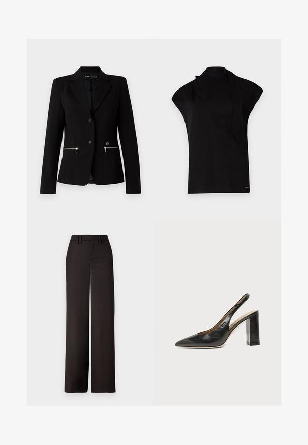 Schwarzer taillierter Blazer mit einem Ein-Knopf-Verschluss, silbernen Reißverschlusstaschen und einem eleganten Design. Hergestellt aus einem glatten, robusten Stoff.; Schwarzes, hochgeschlossenes Oberteil mit kurzen Ärmeln, das ein asymmetrisches Design und eine lange Halsschleife aufweist. Hergestellt aus glattem Stoff mit einem minimalistischen Look.; Schwarze weit geschnittene Hose mit flacher Vorderseite, Gürtelschlaufen und glatter Textur, entworfen für eine maßgeschneiderte Passform. Keine sichtbaren Metallteile oder Muster.; Schwarzer Leder-Slingback-Schuh mit spitzer Kappe, hohem Blockabsatz und beigegefüttertem Innenraum vor hellem, einfarbigem Hintergrund.