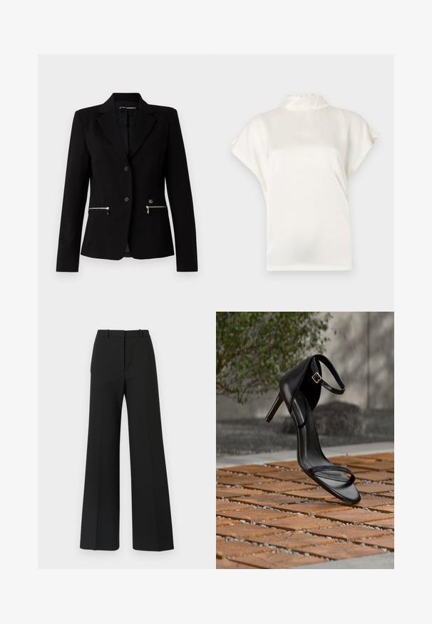 Blazer negro ajustado con cierre de un solo botón, bolsillos con cremallera plateados y un diseño elegante. Fabricado con una tela suave y resistente.; Blusa crema de cuello alto con mangas cortas, hecha de una tela suave. Presenta un ligero brillo y un cierre de botones en la parte posterior del cuello.; Pantalones de pierna ancha negros con un diseño a medida, que presentan una textura suave y sutiles plisados en la parte frontal. Sin herrajes ni patrones visibles.; Sandalia negra de tacón alto con correa en el tobillo, parece suspendida sobre un suelo de baldosas de madera al aire libre, con un fondo difuminado de vegetación y piedra.