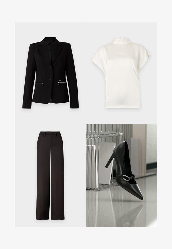 Zwarte op maat gemaakte blazer met een enkele knoopsluiting, zilveren ritszakken en een strakke uitstraling. Gemaakt van een gladde, stevige stof.; Crème, hoog gesloten blouse met korte mouwen, gemaakt van gladde stof. Heeft een subtiele glans en een knoopsluiting bij de achterste halslijn.; Zwarte wijde broekspijpen met een vlakke voorkant, riemlussen en een gladde textuur, ontworpen voor een getailleerde pasvorm. Geen zichtbare hardware of patronen.; Zwarte puntige hoge hak met een zilveren gesp, geplaatst op een reflecterend oppervlak naast een metalen bestandhouder met papieren.
