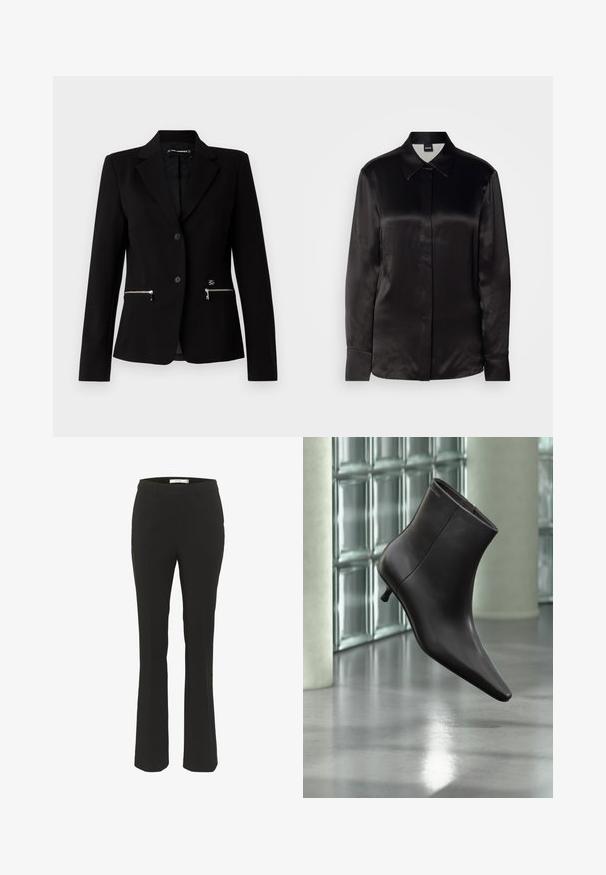 Blazer negro ajustado con cierre de un solo botón, bolsillos con cremallera plateados y un diseño elegante. Fabricado con una tela suave y resistente.; Camisa negra de satén de manga larga con cuello puntiagudo, cierre frontal de botones y puños. Textura suave y diseño minimalista.; Pantalones negros ajustados con un corte entallado, dobladillo acampanado, parte delantera plana y sin bolsillos visibles. Hechos de una tela suave con costuras mínimas.; Bota de cuero negro para el tobillo con puntera puntiaguda y tacón pequeño, exhibida frente a una pared de bloques de vidrio y un suelo pulido.