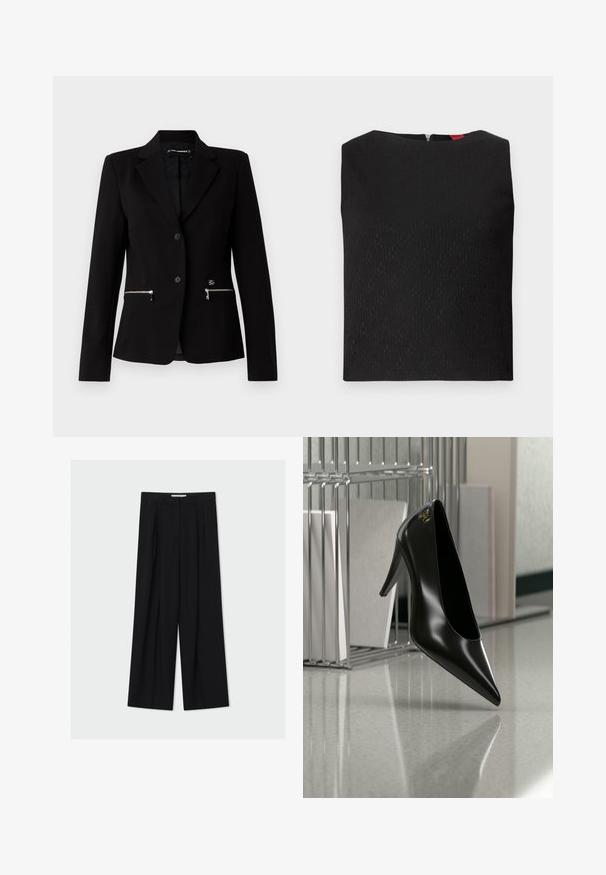 Zwarte op maat gemaakte blazer met een enkele knoopsluiting, zilveren ritszakken en een strakke uitstraling. Gemaakt van een gladde, stevige stof.; Zwarte mouwloze top met een gestructureerd patroon, vierkante halslijn en een rits aan de achterkant. Bevat subtiele logo-accenten in de stof geweven.; Zwarte, wijde broek met hoge taille, riemlussen en plooien aan de voorkant, weergegeven tegen een lichtgrijze achtergrond.; Zwart hooggehakt schoen met puntige neus en gouden logo, geplaatst op een reflecterend oppervlak naast een verchroomde draadordner met documenten.