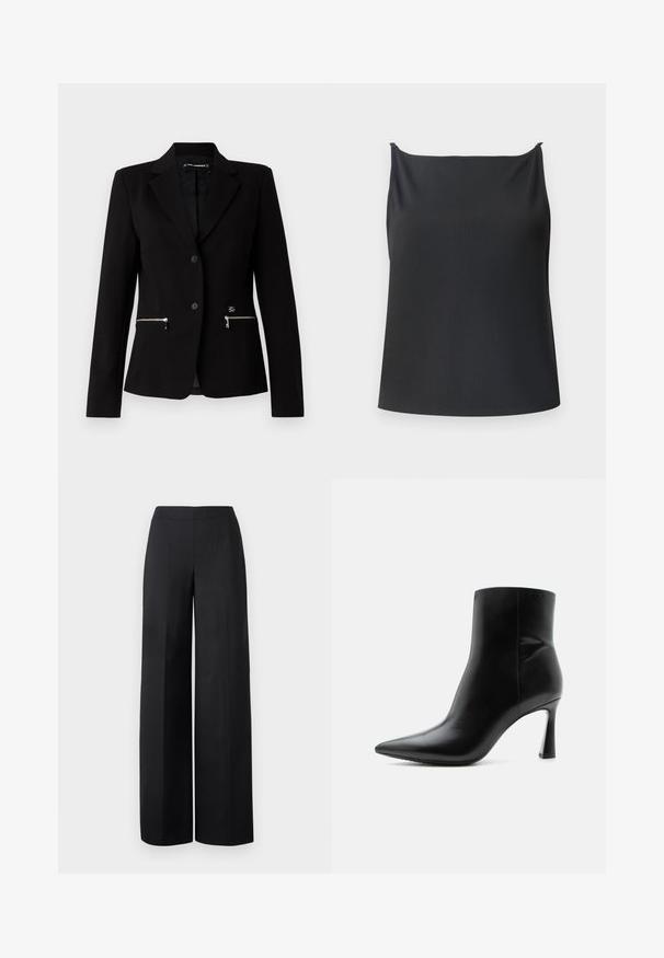 Schwarzer taillierter Blazer mit einem Ein-Knopf-Verschluss, silbernen Reißverschlusstaschen und einem eleganten Design. Hergestellt aus einem glatten, robusten Stoff.; Schwarzes Tanktop mit gerippter Textur, geradem Ausschnitt, dünnen Trägern und lockerer Passform. Keine sichtbaren Metallteile oder Muster.; Schwarze weit geschnittene Hosen aus glattem Stoff. Sie verfügen über einen hohen Bund und klare, gerade Linien ohne sichtbare Taschen oder Verzierungen.; Schwarzer Leder-Knöchelstiefel mit spitzer Spitze und schlankem, hohem Stilettoabsatz, seitlich auf weißem Hintergrund gezeigt.