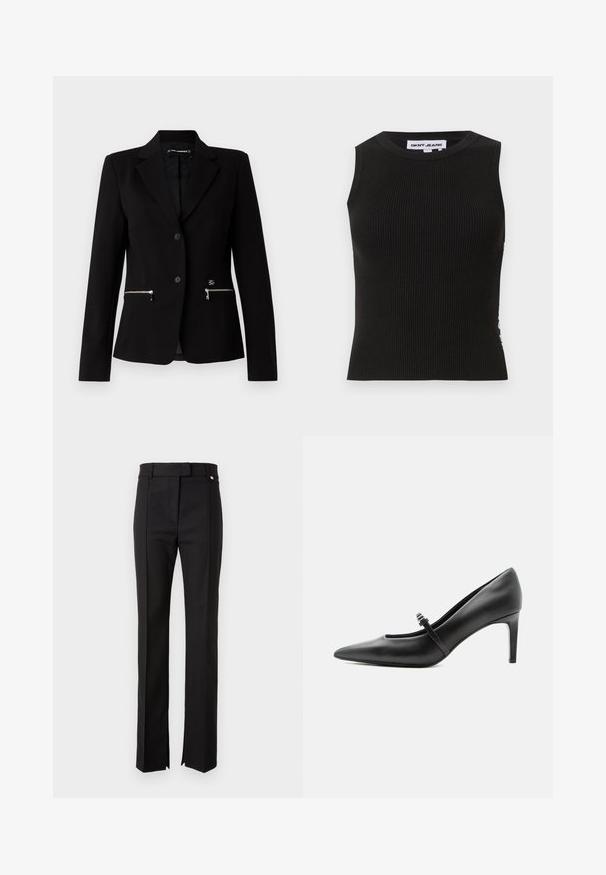 Schwarzer taillierter Blazer mit einem Ein-Knopf-Verschluss, silbernen Reißverschlusstaschen und einem eleganten Design. Hergestellt aus einem glatten, robusten Stoff.; Schwarzes, geripptes Tanktop mit Rundhalsausschnitt, das eine figurbetonte Passform und subtile Textur aufweist. Die Rippung zieht sich über den gesamten Stoff.; Schwarze maßgeschneiderte Hosen mit geradem Beinschnitt, ausgestattet mit einem Bund mit Knopfverschluss und seitlichen Schlitzen am Saum.; Schwarzer Leder-Pumps mit spitzer Zehenpartie, dünnem Riemen und Schnalle über dem Spann, stehend auf hellem neutralem Hintergrund.
