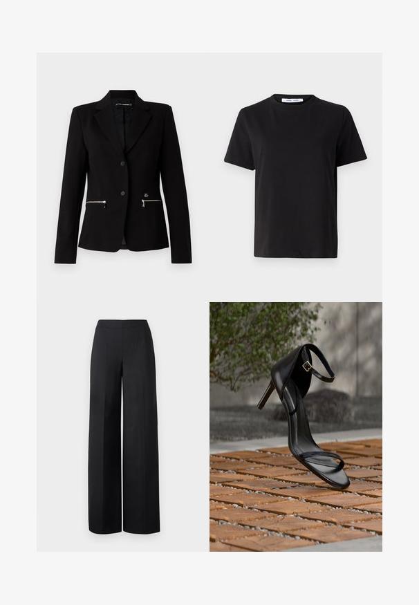 Zwarte op maat gemaakte blazer met een enkele knoopsluiting, zilveren ritszakken en een strakke uitstraling. Gemaakt van een gladde, stevige stof.; Zwart T-shirt met korte mouwen, gemaakt van zachte katoen, met een ronde hals, een ontspannen pasvorm en een gladde textuur. Geen zichtbare patronen of opdrukken.; Zwarte wijde broeken van een gladde stof. Heeft een hoge tailleband en schone, rechte lijnen zonder zichtbare zakken of versieringen.; Zwarte hoge hak sandaal met enkelbandje zweeft boven een houten tegelvloer buiten, met een onscherpe groene en stenen achtergrond.