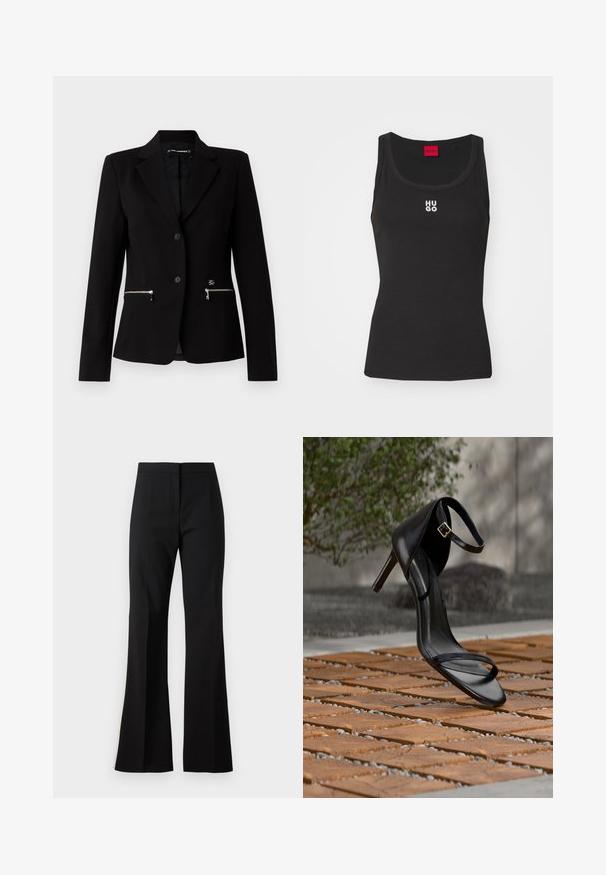 Sort skræddersyet blazer med en enkelt-knap lukning, sølvfarvede lynlåslommer og et elegant design. Lavet af et glat, holdbart stof.; Sort tanktop lavet af bomuld med rund halsudskæring og uden ærmer. Har hvid "HUGO" logo i midten. Enkel og tætsiddende design.; Sorte svingbukser lavet af et glat stof, med højtaljet talje, forreste folder og en ren finish ved sømmene.; Sort højhælet sandal med ankelsnor, der ser ud til at svæve over et trægulv udendørs med sløret grønt og sten i baggrunden.