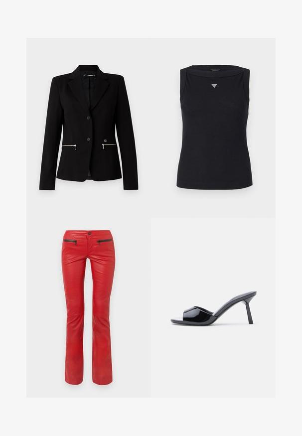 Zwarte op maat gemaakte blazer met een enkele knoopsluiting, zilveren ritszakken en een strakke uitstraling. Gemaakt van een gladde, stevige stof.; Zwarte mouwloze top van katoen, met een boot hals en een klein kristallen driehoekig logo op de borst. Glad materiaal.; Rode leren broek met een gestructureerde afwerking, voorzien van twee ritszakken aan de voorkant en een slim-fit ontwerp dat iets uitloopt bij de enkel.; Zwarte lakleren open-teen sandalen met hak, met een gebogen bovenkant ontwerp en een taps toelopende naaldhak. Gladde glanzende afwerking.