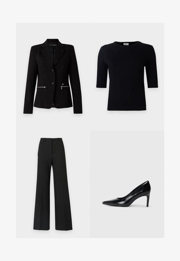 Schwarzer taillierter Blazer mit einem Ein-Knopf-Verschluss, silbernen Reißverschlusstaschen und einem eleganten Design. Hergestellt aus einem glatten, robusten Stoff.; Schwarzes, geripptes T-Shirt mit rundem Halsausschnitt und drei Viertelärmeln. Der Stoff hat eine glatte Textur und einen geraden Saum. Keine sichtbare Markenkennzeichnung.; Schwarze weite Hosen mit maßgeschneidertem Design, das eine glatte Textur und subtile Falten an der Vorderseite aufweist. Keine sichtbaren Beschläge oder Muster.; Schwarzer Lederhochschuh mit spitzem Zehenbereich, glatter Textur und schmalem Absatz. Minimalistisches Design, keine zusätzlichen Verzierungen.