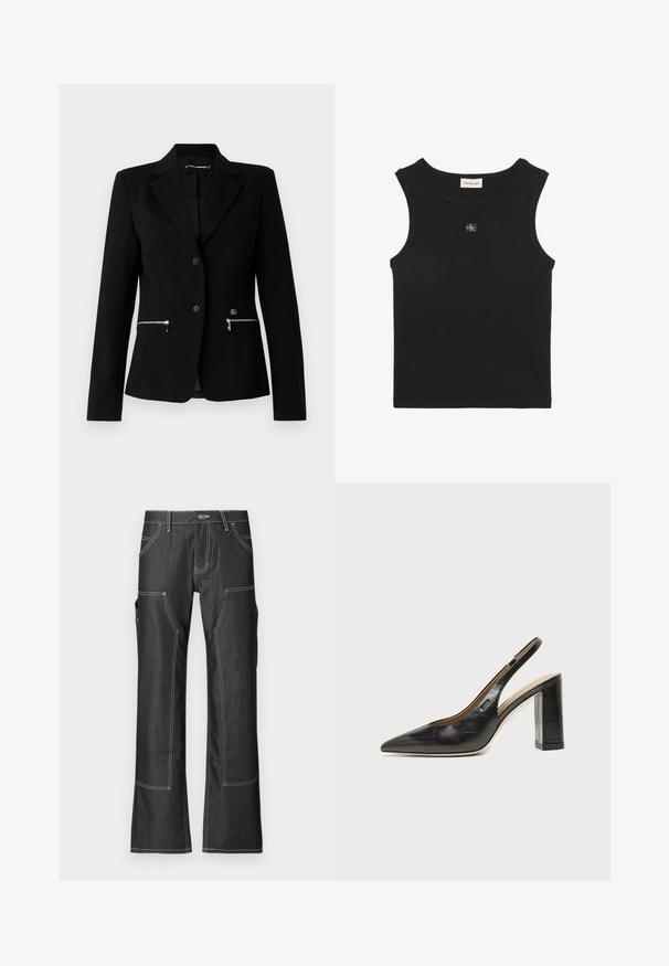Sort skræddersyet blazer med en enkelt-knap lukning, sølvfarvede lynlåslommer og et elegant design. Lavet af et glat, holdbart stof.; Sort ribbet, ærmeløs top med rund halsudskæring, Calvin Klein Jeans-mærke inde i kraven og lille CK-logo-patch på brystet.; Mørke denim cargo bukser med hvid kontrastsyning, der har flere lommer og en nederdel design med vidde. Holdbart materiale og metalknaplukning.; Sort læder peep-toe slingback sko med blokhæl og et lille logo på siden, sat mod en enkel hvid baggrund.