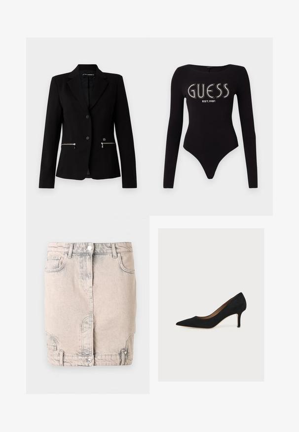 Sort skræddersyet blazer med en enkelt-knap lukning, sølvfarvede lynlåslommer og et elegant design. Lavet af et glat, holdbart stof.; Sort langærmet bodystocking med en scoop-halsudskæring, prydet med "GUESS" i rhinsten og "EST.1981" i hvid, lavet af strækstof.; Lys beige denim mininederdel med frontknaplukning, bæltestropper, skrå lommer og diskrete falmede detaljer.; Sort ruskindspumpe med spids snude, mellemhøj stiletthæl og tan indersål på en lys baggrund.