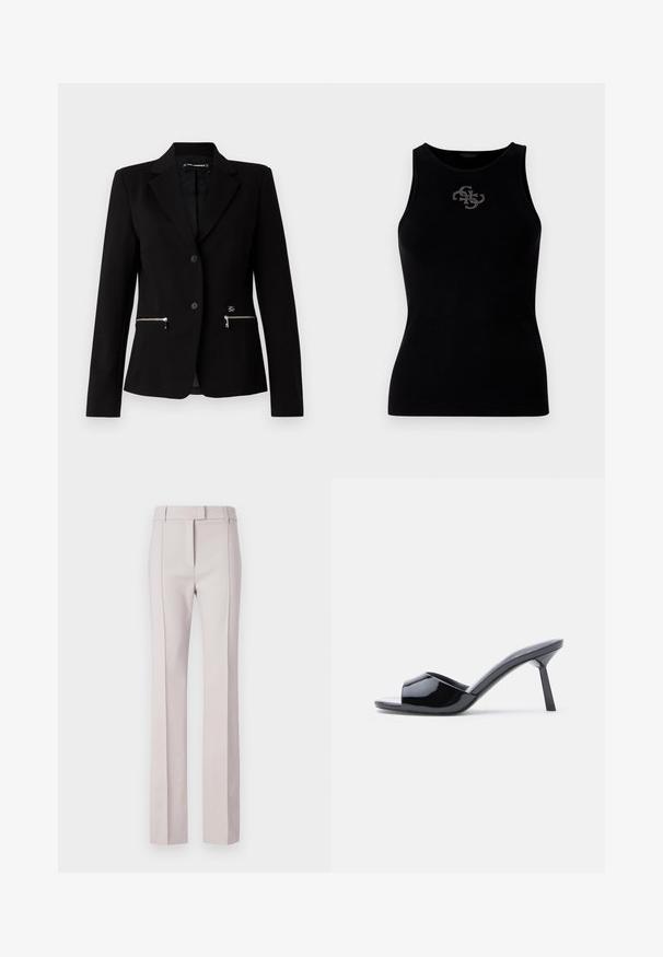 Sort skræddersyet blazer med en enkelt-knap lukning, sølvfarvede lynlåslommer og et elegant design. Lavet af et glat, holdbart stof.; Sort ribbet tank top med rund udskæring og et logo prydet med sølvfarvede nitter på forsiden. Blødt, strækbart stof.; Lyserøde skræddersyede bukser med lige snit, der har en knaplukning, to forlommer og pressede læg for struktur.; Sorte laklæder sandaletter med åben tå, der har et buet overdesign og en spids stilethæl. Glat, blank finish.