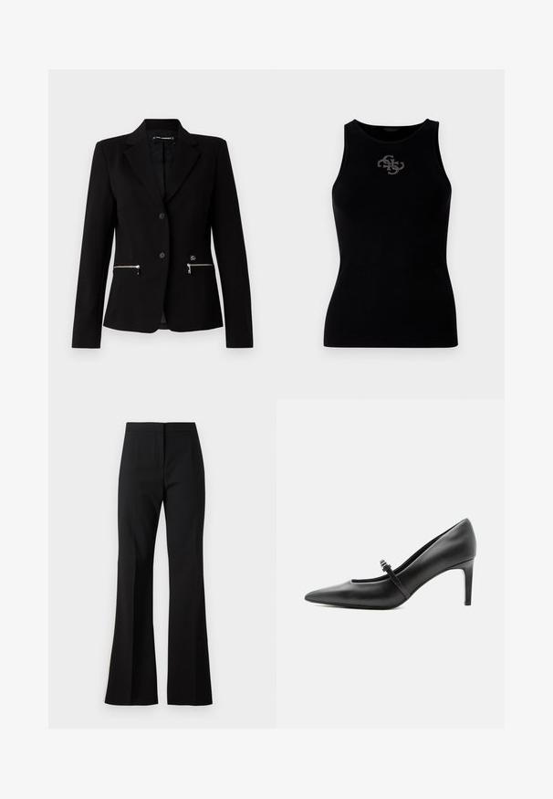 Blazer negro ajustado con cierre de un solo botón, bolsillos con cremallera plateados y un diseño elegante. Fabricado con una tela suave y resistente.; Top de tirantes negro con canalé que presenta un escote redondo y un logo adornado con tachuelas plateadas en la parte delantera. Tela suave y elástica.; Pantalones de campana negros hechos de una tela suave, con cintura alta, pliegues delanteros y un acabado limpio en los bajos.; Zapato de tacón alto de cuero negro con punta puntiaguda, con tira fina y hebilla sobre el empeine, sobre fondo claro y neutro.