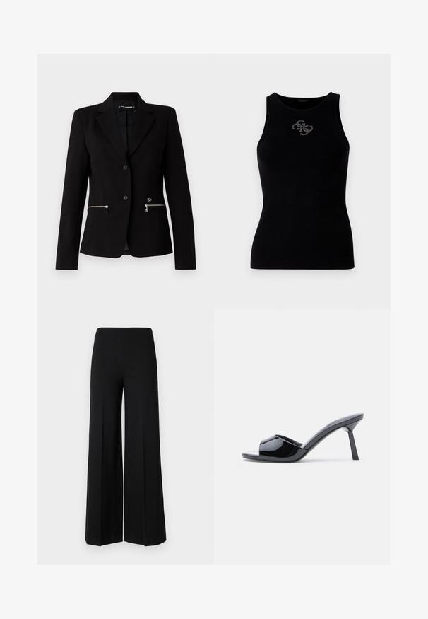 Blazer negro ajustado con cierre de un solo botón, bolsillos con cremallera plateados y un diseño elegante. Fabricado con una tela suave y resistente.; Top de tirantes negro con canalé que presenta un escote redondo y un logo adornado con tachuelas plateadas en la parte delantera. Tela suave y elástica.; Pantalones de pierna ancha negros con una textura suave, que presentan una cinturilla alta y sin cierres visibles. Diseño simple y limpio.; Sandalias de tacón con punta abierta de charol negro, con un diseño superior curvado y tacón de aguja cónico. Acabado liso y brillante.