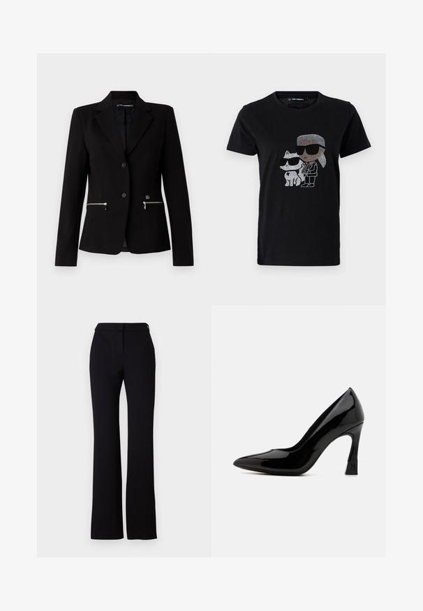 Zwarte op maat gemaakte blazer met een enkele knoopsluiting, zilveren ritszakken en een strakke uitstraling. Gemaakt van een gladde, stevige stof.; Zwarte katoenen t-shirt met een rhinestone grafiek van een persoon en een witte kat, beide met een zonnebril. Ronde halslijn en korte mouwen.; Zwarte broek met een rechte snit, een gladde textuur en een tailleband met een enkele knoopsluiting. Geen zichtbare patronen of accenten.; Zwarte gepatenteerde leren hoge hakken met een spitse neus en een blokhak met een logo-accent. Glad, glanzend oppervlakte-textuur.