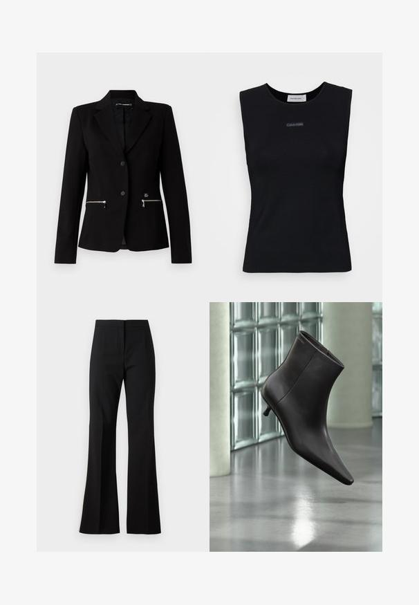 Zwarte op maat gemaakte blazer met een enkele knoopsluiting, zilveren ritszakken en een strakke uitstraling. Gemaakt van een gladde, stevige stof.; Zwart mouwloos topje gemaakt van gladde stof. Heeft een ronde halslijn en een klein Calvin Klein-logo in het midden. Eenvoudig en aansluitend ontwerp.; Zwarte uitlopende broek gemaakt van een gladde stof, met een hoge taille, voorpijpen met vouwen en een nette afwerking aan de zoom.; Zwarte leren enkellaars met puntige neus en lage hak, afgebeeld tegen een glazen blokkenmuur en gepolijste vloer op de achtergrond.
