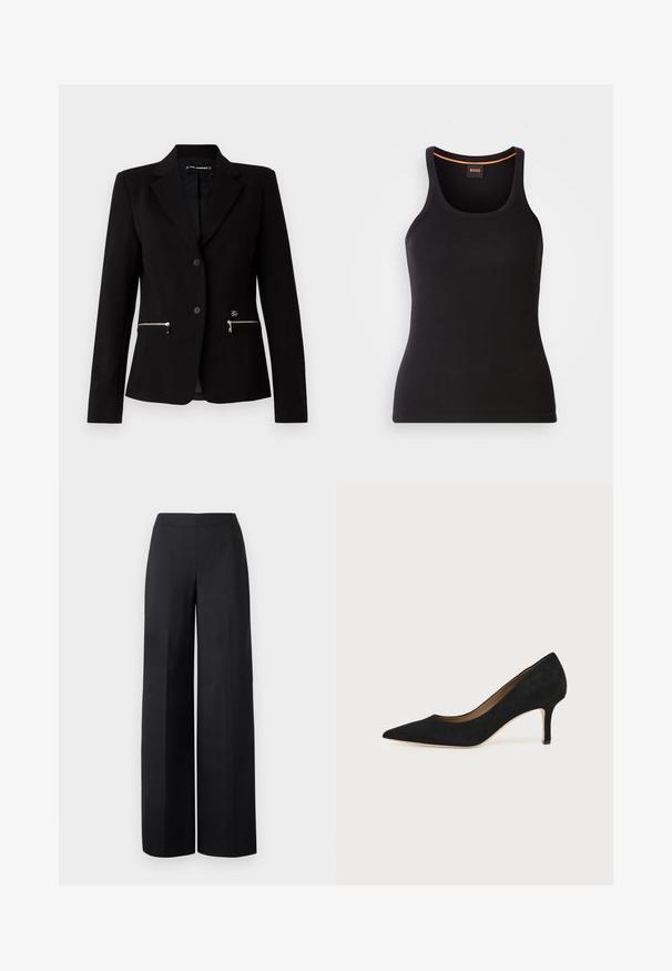 Zwarte op maat gemaakte blazer met een enkele knoopsluiting, zilveren ritszakken en een strakke uitstraling. Gemaakt van een gladde, stevige stof.; Zwart geribd tanktopje met een ronde halslijn. Heeft een aansluitende pasvorm en een oranje accent bij de hals. Het merklogo is subtiel op de voorkant geborduurd.; Zwarte wijde broeken van een gladde stof. Heeft een hoge tailleband en schone, rechte lijnen zonder zichtbare zakken of versieringen.; Zwarte suède pumps met spitse neus, een slanke middenhoge naaldhak en een laag uitgesneden ontwerp op een effen achtergrond.