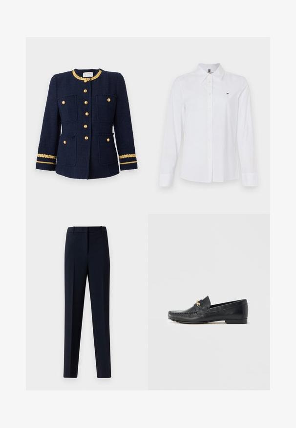Marineblå tweedjakke med guldknapper, der har fire forlommer og en guldkæde detalje langs kraven og ærmerne. Struktureret design.; Hvid langærmet button-up skjorte lavet af bomuld, der har en klassisk krave, subtilt logo på brystet og gule knapper.; Mørkeblå skræddersyede bukser med frontfolder, bælteløkker og skjult lukning foran på en ensartet lys baggrund.; Sort læderloafer med dekorativt guldhardware, syningsdetaljer, en let spids tå og en flad, minimalistisk sål.