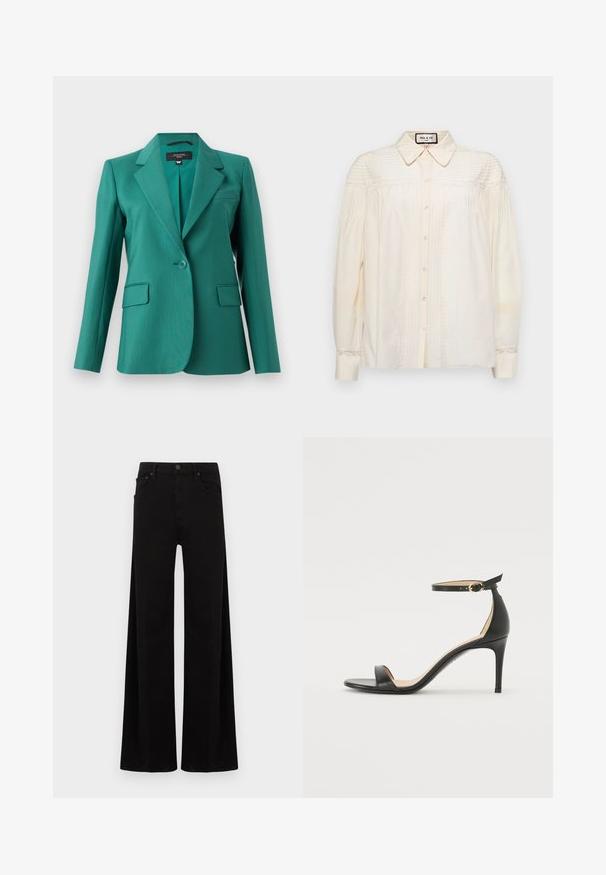 Blazer bleu canard avec un revers cranté, fermeture à un bouton, deux poches avant et texture lisse. Coupe ajustée avec un design moderne.; Blouse crème à boutons avec un col, présentant des plis verticaux et des détails en dentelle sur les épaules et les poignets. Tissu doux avec des manches longues.; Pantalon noir à jambes larges en denim, avec une taille haute, des poches avant et une fermeture simple par bouton métallique.; Sandale à talons hauts en cuir noir avec une lanière de cheville. Présente une texture lisse, un bout ouvert et un talon fin. Détail de boucle en ton doré.