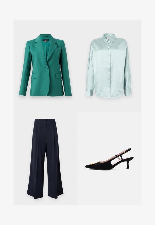 Teal blazer med reverskrave, enkelt knaplukning, to frontlommer og glat tekstur. Skræddersyet pasform med et moderne design.; Lysblå skjorte med knapper lavet af et skinnende, blødt stof; har krave, lange ærmer og rundet nederkant med en afslappet pasform.; Marineblå vidde bukser med forreste læg, bæltestropper og en skjult forreste lukning.; Sort ruskind slingback kitten heel sko med spids tå og guldspænde detalje på lysegrå baggrund.