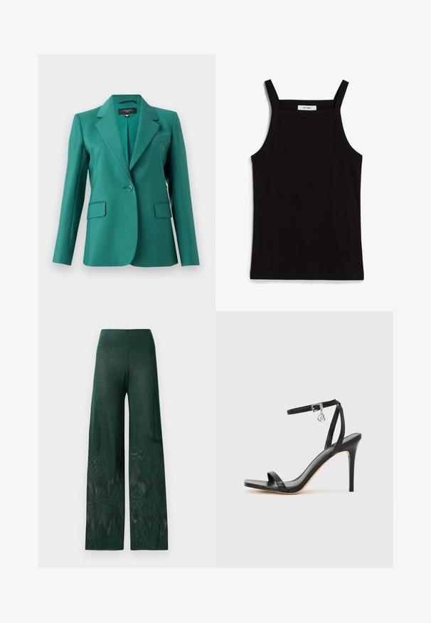 Teal blazer met een notch-kraag, enkele knoopsluiting, twee voorzakken en een gladde textuur. Tailored fit met een modern ontwerp.; Zwarte tanktop met dunne spaghettibandjes, gemaakt van ribstof, met een rechte snit en een label op de hals dat "IVY OAK" zegt.; Groene wijde broek van lichtgewicht gaas met een zigzagpatroon aan de zoom. Voorzien van een soepelelastische tailleband voor comfort.; Zwarte sandaal met hoge hak, smalle enkelband, vierkante neus, soepel leermateriaal en metalen gespsluiting.
