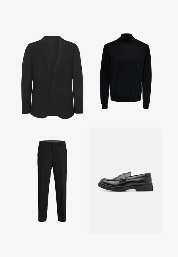Sort blazer lavet af glat stof. Har spidse revers, enkelt knaplukning, to frontlommer og en slim fit design.; Sort rullekrave-trøje, lavet af blødt stof, har lange ærmer, ribbede manchetter og kant, med en tætsiddende halsdesign og en glat tekstur.; Sorte bukser lavet af glat stof, med lige snit, bæltestropper og et fladt frontdesign uden synlige mønstre eller pyntegenstande.; Sort læder loafersko med en bred rem over forfoden, gummisål med tykke mønstre og glat overflade. Klassisk, slankt design.