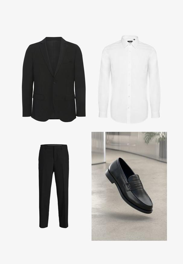 Sort blazer lavet af glat stof. Har spidse revers, enkelt knaplukning, to frontlommer og en slim fit design.; Hvid langærmet skjorte lavet af vævet stof, med en button-down krave, front placket med knapper og manchetter. Minimalistisk design.; Sorte bukser lavet af glat stof, med lige snit, bæltestropper og et fladt frontdesign uden synlige mønstre eller pyntegenstande.; Sort lædersko med glat tekstur, spids tå og en dekorativ rem over vristen. Letvægts sål, minimalistisk design.