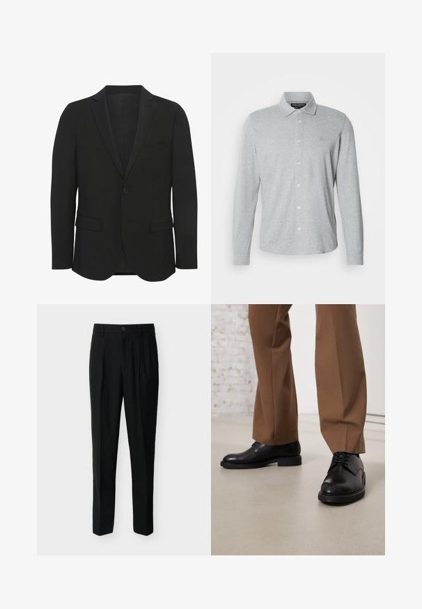 Sort blazer lavet af glat stof. Har spidse revers, enkelt knaplukning, to frontlommer og en slim fit design.; Langærmet grå poloshirt lavet af blød bomuld, med knaplukning foran, spidst krave og diskret logo på brystet.; Sorte, skræddersyede bukser med høj talje, bæltestropper, forreste læg, sidelommer samt knap- og lynlåslukning.; Sorte læder sko med glat overflade og rund tå, der har snørebåndslukning og en lav, flad sål. Sammen med brune bukser.
