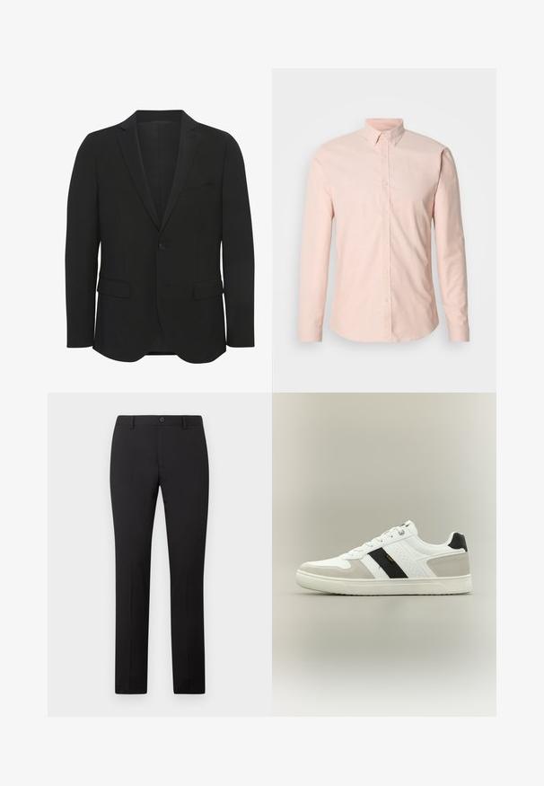 Zwarte blazer van gladde stof. Beschikt over gestructureerde revers, een enkele knoopsluiting, twee voorkanten zakken en een slim fit ontwerp.; Lichtroze overhemd met lange mouwen, een button-down kraag, voorplooien en standaard manchetten. Gemaakt van een soepel, geweven stof.; Zwarte, op maat gemaakte broek met een rechte pijp, voorzien van een knoopsluiting en riemlussen. Gemaakt van gladde stof zonder zichtbare patronen.; Witte sneaker met lichtgrijze suède accenten, zwarte hielstrook en een zwarte diagonale streep met gouden "Lee" logo aan de zijkant, platte witte zool.