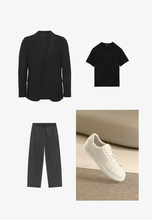 Zwarte blazer van gladde stof. Beschikt over gestructureerde revers, een enkele knoopsluiting, twee voorkanten zakken en een slim fit ontwerp.; Zwart T-shirt met korte mouwen en ronde hals, met een rechte zoom, plat weergegeven op een witte achtergrond.; Broek met elastische taille in donkergrijze stof, voorzien van een trekkoord, losse pasvorm, rechte pijpen en een gladde textuur. Geen zichtbare patronen of hardware.; Witte leren sneaker met witte veters, weergegeven op een beige textuurovervlak en een zacht vervaagd achtergrond.