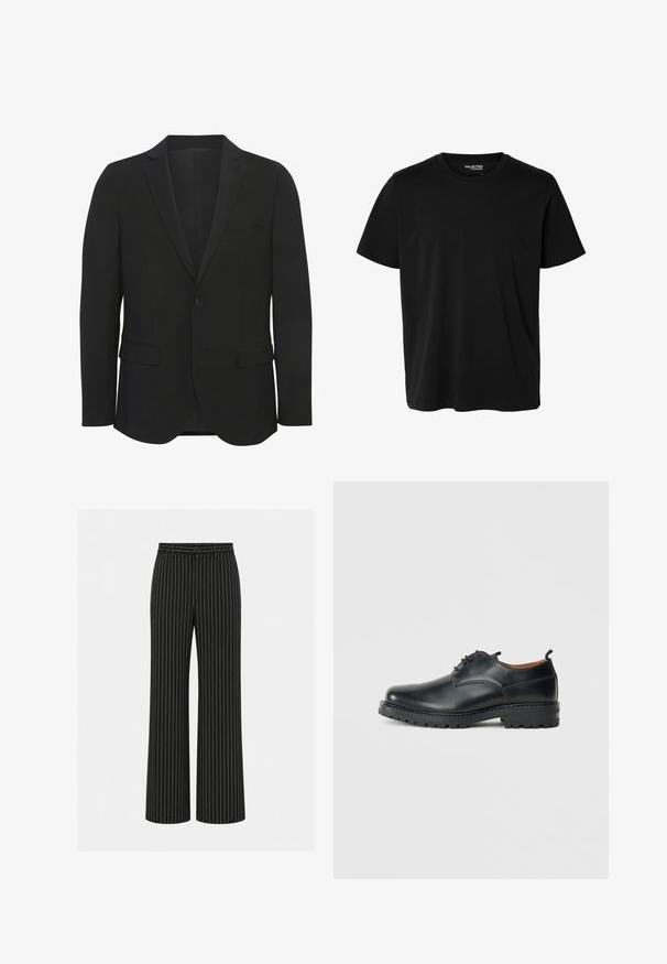 Zwarte blazer van gladde stof. Beschikt over gestructureerde revers, een enkele knoopsluiting, twee voorkanten zakken en een slim fit ontwerp.; Effen zwarte korte mouwen t-shirt met ronde hals in mannenmodel, zonder zichtbare patronen of logo's aan de voorkant.; Zwarte wijde broek met witte verticale krijtstrepen, knoop en riemlussen in de taille.; Zwarte leren derby schoenen met een gladde textuur, ronde neus, vetersluiting en een dikke, robuuste rubberen zool.