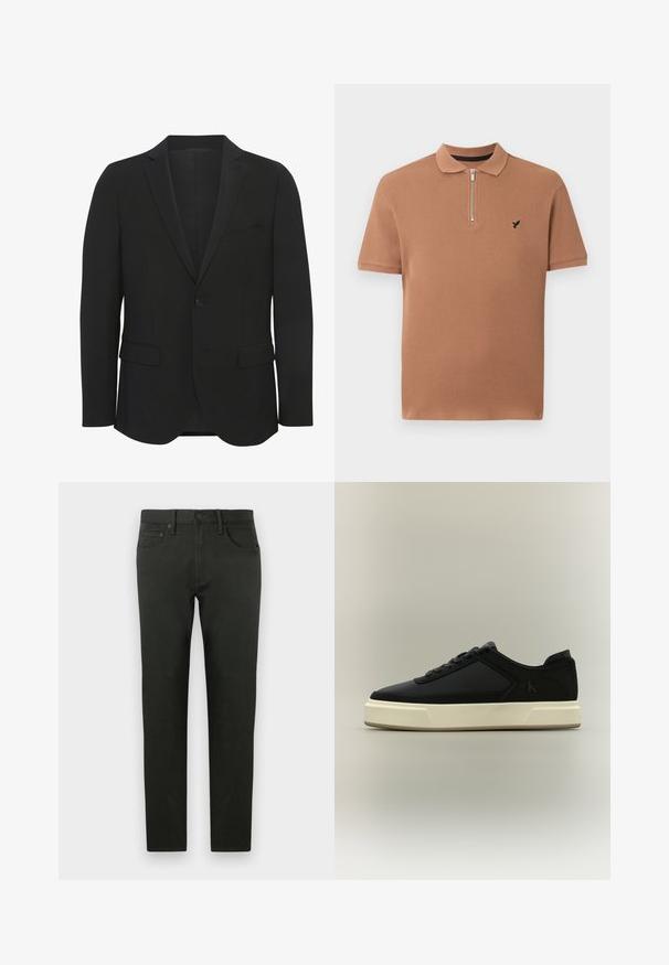 Zwarte blazer van gladde stof. Beschikt over gestructureerde revers, een enkele knoopsluiting, twee voorkanten zakken en een slim fit ontwerp.; Bruin gebreid poloshirt met korte mouwen, een kraag, een ritssluiting aan de voorkant en een klein zwart geborduurd logo op de linkerborst.; Donkergroene katoen broek met een slim fit. Heeft een rechte pijp, voorzakken en een knoopsluiting. Vlotte textuur, minimale details.; Zwarte lage sneaker met dikke witte zool, veters aan de voorkant en een subtiel "cK" logo aan de zijkant.