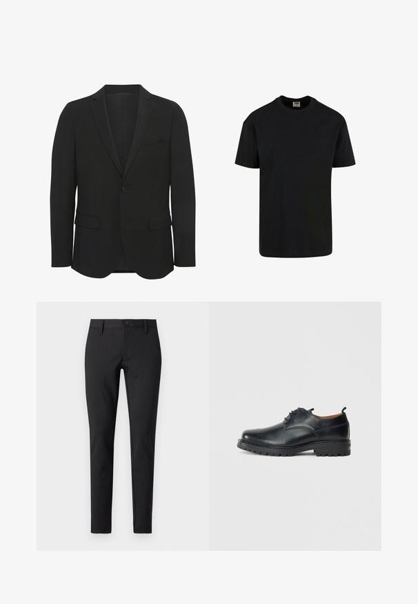 Čierny blazer z hladkej tkaniny. Má špicaté klopy, jedno gombíkové zapínanie, dve predné vrecká a úzky strih.; Urban Classics SHORTSLEEVE - Základné tričko - black; Čierne pruhované nohavice s plochým predným dielom, úzky strih, s gombíkovým zapínaním a pútkami na opasok, vyrobené z hladkého textilného materiálu.; Čierne kožené derby topánky s hladkým povrchom, zaoblenou špičkou, šnúrkovým zapínaním a hrubou, odolnou gumovou podrážkou.
