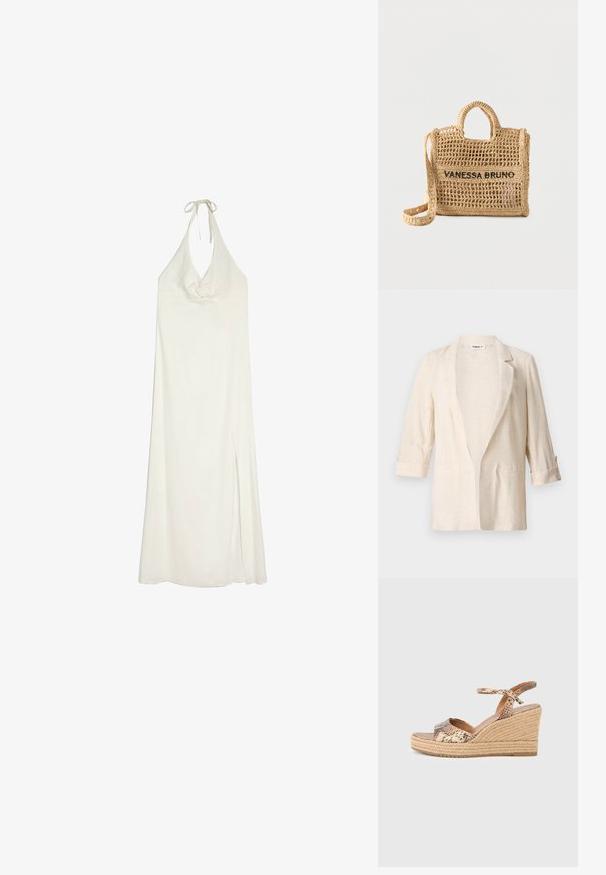 Blazer en lin beige clair avec une coupe décontractée, des revers crantés, des manches trois-quarts et deux poches avant, présentant une finition texturée.; Robe longue blanche à col bénitier avec un décolleté profond, un petit détail fleuri sur la poitrine et une fente latérale sur la jupe.; Sandales compensées avec dessus en cuir imprimé serpent, bout ouvert et bride de cheville réglable, dotées d'un talon enveloppé de jute naturel.; Sac à main beige tissé avec deux poignées, une longue bandoulière, un design en tissage ouvert, et "VANESSA BRUNO" brodé en noir à l'avant.