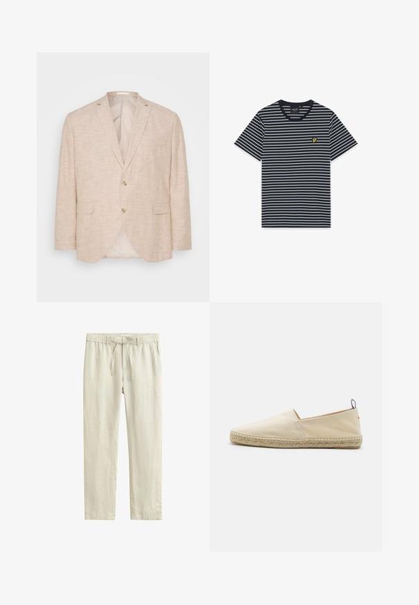 Blazer en lin beige clair avec fermeture à deux boutons, revers crantés et poches latérales ; présente une doublure intérieure lisse.; T-shirt bleu marine à manches courtes avec de fines rayures horizontales blanches et un petit logo d'oiseau jaune sur le côté gauche de la poitrine.; Pantalon en lin beige clair avec taille à cordon, fermeture boutonnée et coupe droite.; Espadrille en toile beige avec un bout rond, semelle en jute tressé et un petit accent rouge et bleu sur le talon. Légère et sans fermeture.