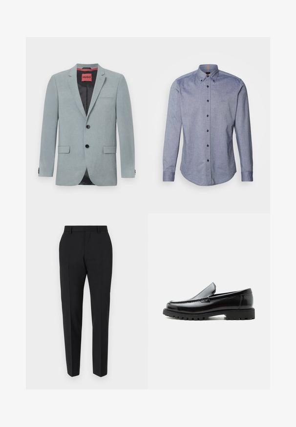 Blazer gris clair en tissu texturé, avec une doublure noire, deux poches avant, un col en notch et des boutons noirs. Étiquette rouge à l'intérieur.; Chemise bleu à manches longues en tissu léger. Elle présente un col évasé, des manches longues et un petit logo sur la poitrine. Fermeture à boutons sur le devant.; Pantalons noirs au design ajusté, avec un devant plat, des détails de plis et une coupe élégante. Fabriqués en tissu lisse pour un look raffiné.; Mocassin en cuir noir avec semelle en caoutchouc épaisse, dessus cousu et nom de marque embossé sur le talon, présenté de profil sur fond blanc.