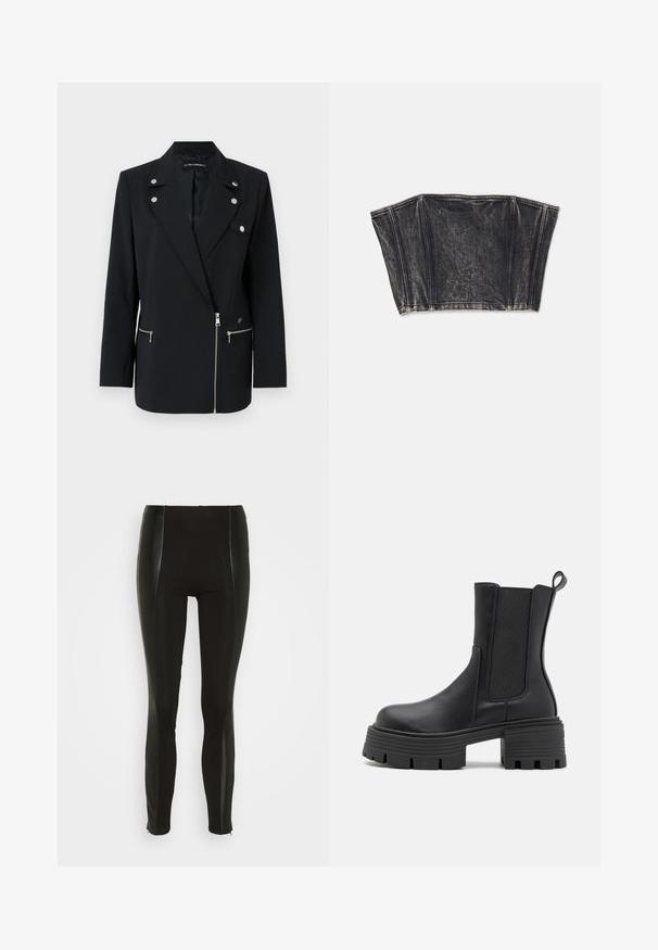 Sort skræddersyet blazer med sølv hardware detaljer, der har en klippet krave, lynlåslommer og et asymmetrisk design.; Sort denim bustier med struktureret design, der har lodrette sømme og en tætsiddende, cropped form. Tekstureret overflade med subtil fading.; Sorte leggings med høj talje, der har blanke sidestrimler og skarpe sømdetaljer. Tøjet er strækbart med en glat tekstur.; RAID Plateaustøvletter - black