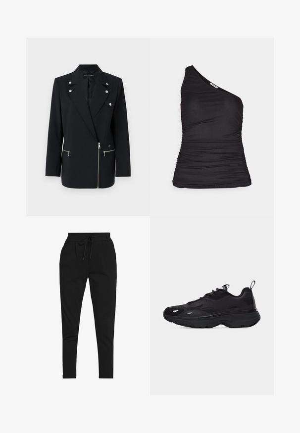 Sort skræddersyet blazer med sølv hardware detaljer, der har en klippet krave, lynlåslommer og et asymmetrisk design.; Sort top med én skulder lavet af stretchy materiale, med ruching foran og en tætsiddende design for en slank silhuet.; ONLY Petite ONLPOPTRASH EASY - Bukser - black; Sort atletiksko med tyk sål, tekstureret overdel, sidepaneler, snørebånd og trækflapper på tunge og hæl.