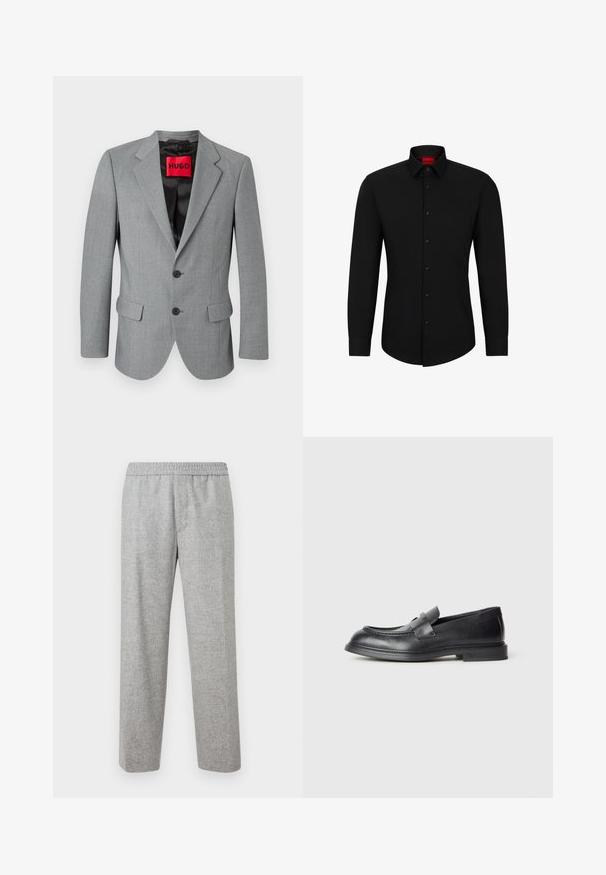 Grå blazer lavet af tekstureret stof, med notched revers, to forlommer, tre sorte knapper og et rødt "HUGO" mærke indvendigt.; Sort langærmet skjorte med knaplukning foran, klassisk krave og rundet kant; har sorte knapper og et rødt logo indeni kraven.; Lys grå, strukturerede, stofbukser med elastisk talje. Lige ben-design, ingen synlige lommer eller hardware detaljer.; Sorte læder loafers med en struktureret finish, der har en dekorativ frontrem og en rundet tå. Gummisål for holdbarhed.