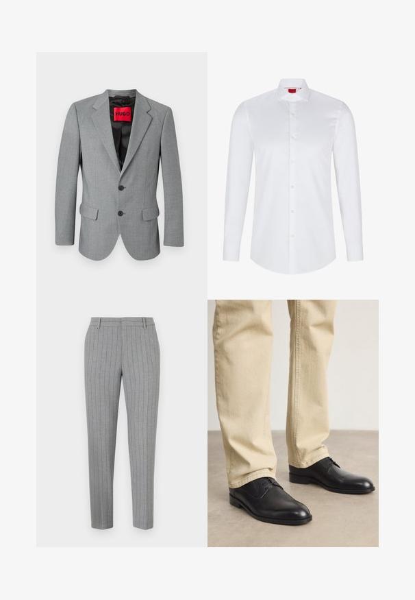 Grå blazer lavet af tekstureret stof, med notched revers, to forlommer, tre sorte knapper og et rødt "HUGO" mærke indvendigt.; Hvid langærmet skjorte med knaplukning lavet af glat bomuld. Har en klassisk krave, fuld knaplukning og afrundet nederkant.; Grå bukser med tynde striber, skræddersyet pasform, flad front og sidelommer. Fremstillet af et glat stof med en subtil glans.; Sorte læder snørebåndssko med rund tå, glat finish og diskrete syninger, båret med lyse beige bukser.