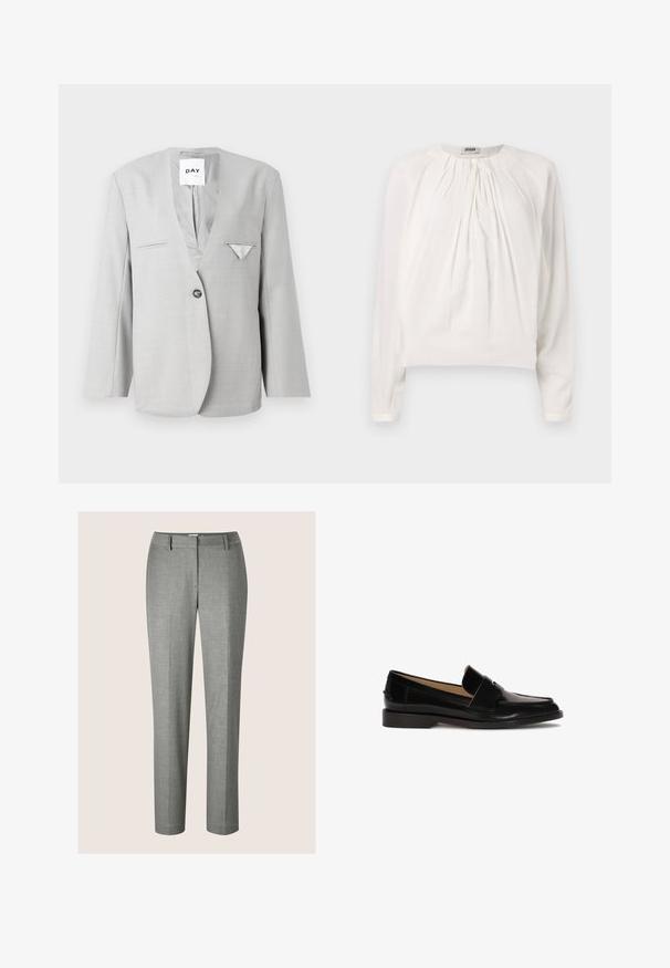 Grijze blazer met een diepe V-hals en één knoopsluiting, voorzien van twee zijzakken en een pochet detail. Tailored fit met lange mouwen.; Witte blouse met lange mouwen, ronde hals en geplooide voorkant. Zacht, glad materiaal met een comfortabele pasvorm en knoopdetails bij de kraag.; Grijze rechte broek voor kostuum met riemlussen en een voor ritssluiting, gemaakt van gladde stof.; Zwarte leren instappers met een gladde afwerking, ronde neus en een decoratief bandje over de voorkant. Ontwerp met lage blokhak.
