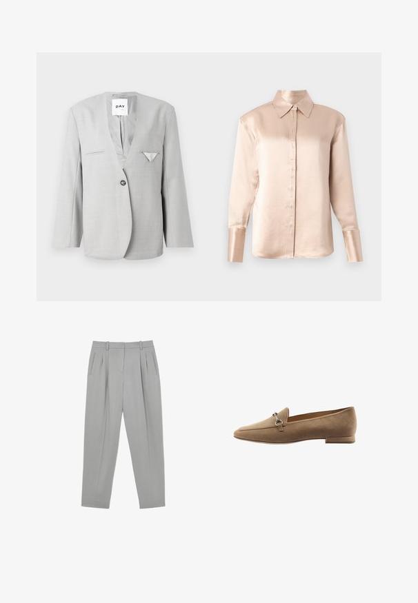 Grå blazer med dyb V-hals og enkelt knaplukning, med to forlommer og et lommetørklæde detaljer. Skræddersyet pasform med lange ærmer.; Satinbluse i blød beige med klassisk krave, lange ærmer, knaplukning foran og let oversized pasform. Glat tekstur, minimal detaljering.; Lysegrå formelle bukser med frontplisser, sidelommer, bæltestropper og en tilspidset benform.; Tan ruskind loafers med en spids design, der har en lille sølvfarvet hardware-accent og en lav hæl. Glat tekstur med minimal syning.