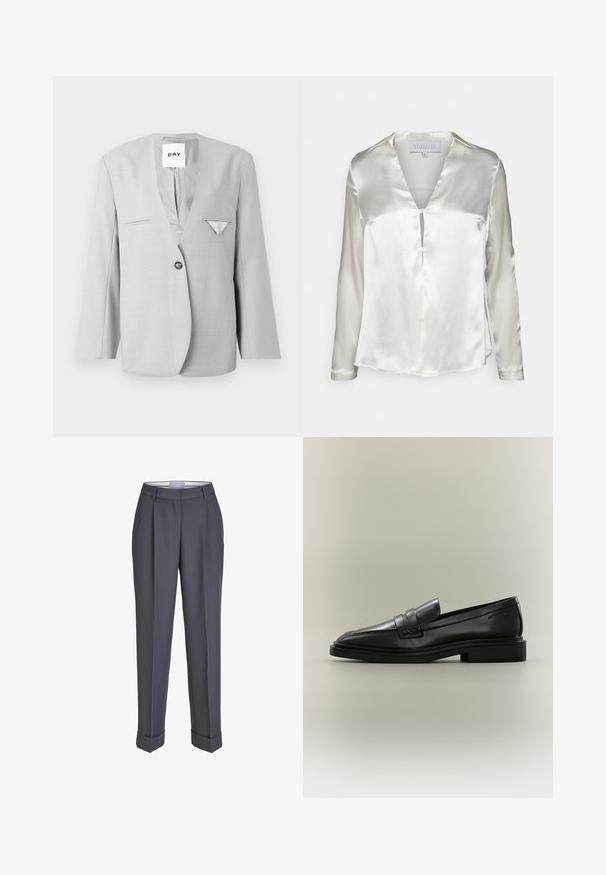 Grå blazer med dyb V-hals og enkelt knaplukning, med to forlommer og et lommetørklæde detaljer. Skræddersyet pasform med lange ærmer.; STUDIO ID ALYSSA - Bluse - champagne; Mørkegrå skræddersyede bukser med lige ben, plisseret for og opsmøgte manchetter. Lavet af glat stof med en klassisk talje.; Sort læder penny loafer med lav hæl, rundet tå og syede detaljer på en neutral baggrund.