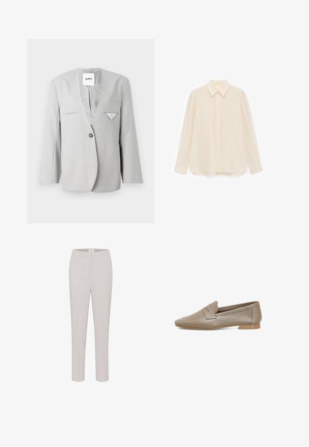 Grijze blazer met een diepe V-hals en één knoopsluiting, voorzien van twee zijzakken en een pochet detail. Tailored fit met lange mouwen.; Roomkleurig overhemd met knopen, gemaakt van een gladde stof, met een kraag, lange mouwen en een licht gebogen zoom.; Lichtgrijze op maat gemaakte broeken met een gladde textuur, slim fit en een klassieke tailleband. Geen zichtbare zakken of versieringen.; Beige leren instappers met een gestructureerd oppervlak, voorzien van een platte hak en een ronde neus. Inclusief een decoratieve plooi op de bovenkant.