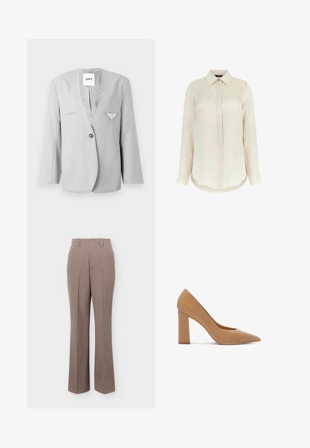 Grå blazer med dyb V-hals og enkelt knaplukning, med to forlommer og et lommetørklæde detaljer. Skræddersyet pasform med lange ærmer.; MARCIANO BY GUESS Skjortebluser - creme; Taupe bukser med højtaljet og lige ben, udstyret med bæltestropper og et forreste foldedetalje.; Nude patentlæder højhælede pumpe med spidse tæer og en chunky firkantet hæl, der har en glansfuld finish og en glat overflade.