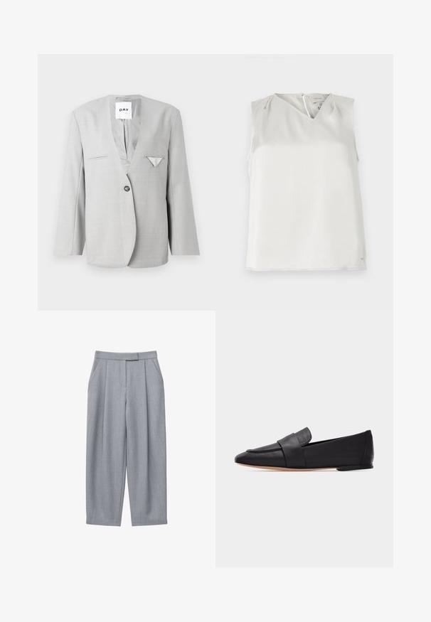 Grijze blazer met een diepe V-hals en één knoopsluiting, voorzien van twee zijzakken en een pochet detail. Tailored fit met lange mouwen.; Mouwloze witte blouse met V-hals, subtiele plooien bij de schouders en ritssluiting aan de achterkant, getoond tegen een effen achtergrond.; Grijze broek met een op maat gemaakt ontwerp, voorzien van plooien, zijzakken en een rechte pijp. Gladde textuur en een middenhoog tailleband.; Zwarte leren platte loafer met puntige neus, brede band aan de voorkant en lichtbruine zool, zijaanzicht tegen een witte achtergrond.
