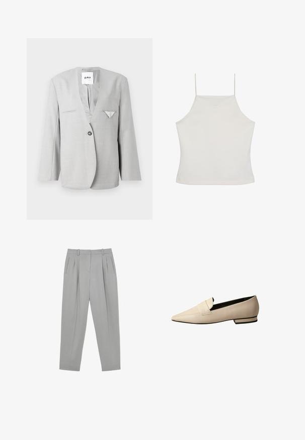 Blazer gris con escote en V profundo y cierre de un botón, que cuenta con dos bolsillos frontales y un detalle de pañuelo en el bolsillo. Ajuste entallado con mangas largas.; Top corto blanco sin mangas con tirantes finos y el logo sutil "cK" bordado en el pecho, fondo liso.; Pantalones formales gris claro con pliegues frontales, bolsillos laterales, trabillas para cinturón y diseño de pierna ahusada.; Mocasines de cuero beige con punta afilada, que presentan una amplia correa en el empeine y un tacón bajo apilado con un acento negro.