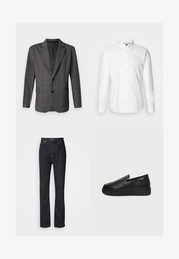 Grijze blazer met een gestructureerd patroon, notch revers, twee knopen en een voorkant zak. Gemaakt van een gladde stof, getailleerde pasvorm.; Witte lange mouwen overhemd met een button-down kraag, gemaakt van gladde stof, met een subtiel logo op de borst en knoopsluiting.; Hoge taille zwarte denim jeans met een knoop- en ritssluiting, voor- en achterzakken en een rechte pasvorm.; Zwart leren instapschoenen met dikke zool en kleine ventilatiegaatjes aan de zijkant, met het gouden "HUGO"-logo nabij de hak.
