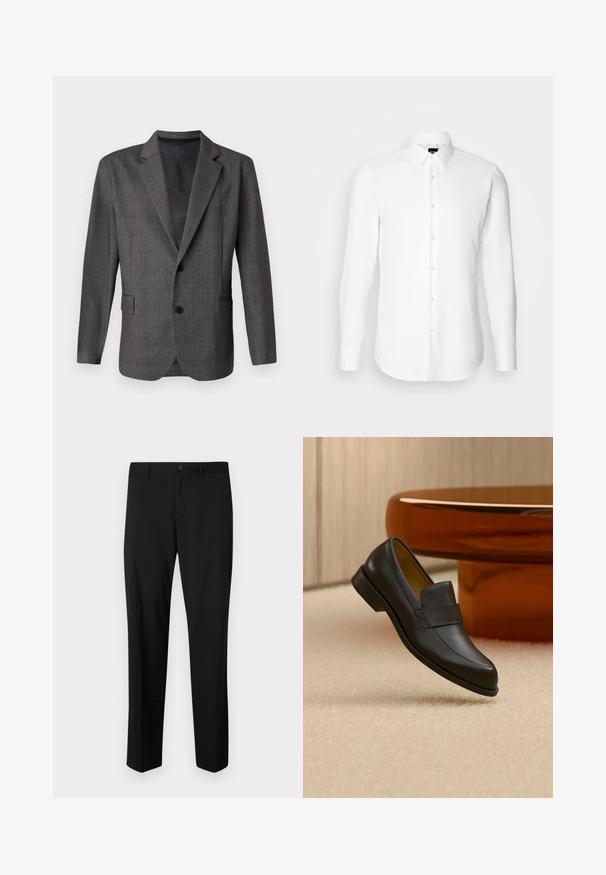Grijze blazer met een gestructureerd patroon, notch revers, twee knopen en een voorkant zak. Gemaakt van een gladde stof, getailleerde pasvorm.; Witte blouse met lange mouwen, knoopsluiting aan de voorkant, klassieke kraag, gemaakt van gladde stof met een subtiele textuur, ontworpen voor een aansluitende pasvorm.; Zwarte op maat gemaakte broek met een platte voorkant, standaard taille en rechte pijpen. Gemaakt van een gladde stof, met een enkele knoopsluiting.; Zwarte leren loafer met lage hak zwevend boven een beige tapijt dichtbij een ronde bruine tafel.